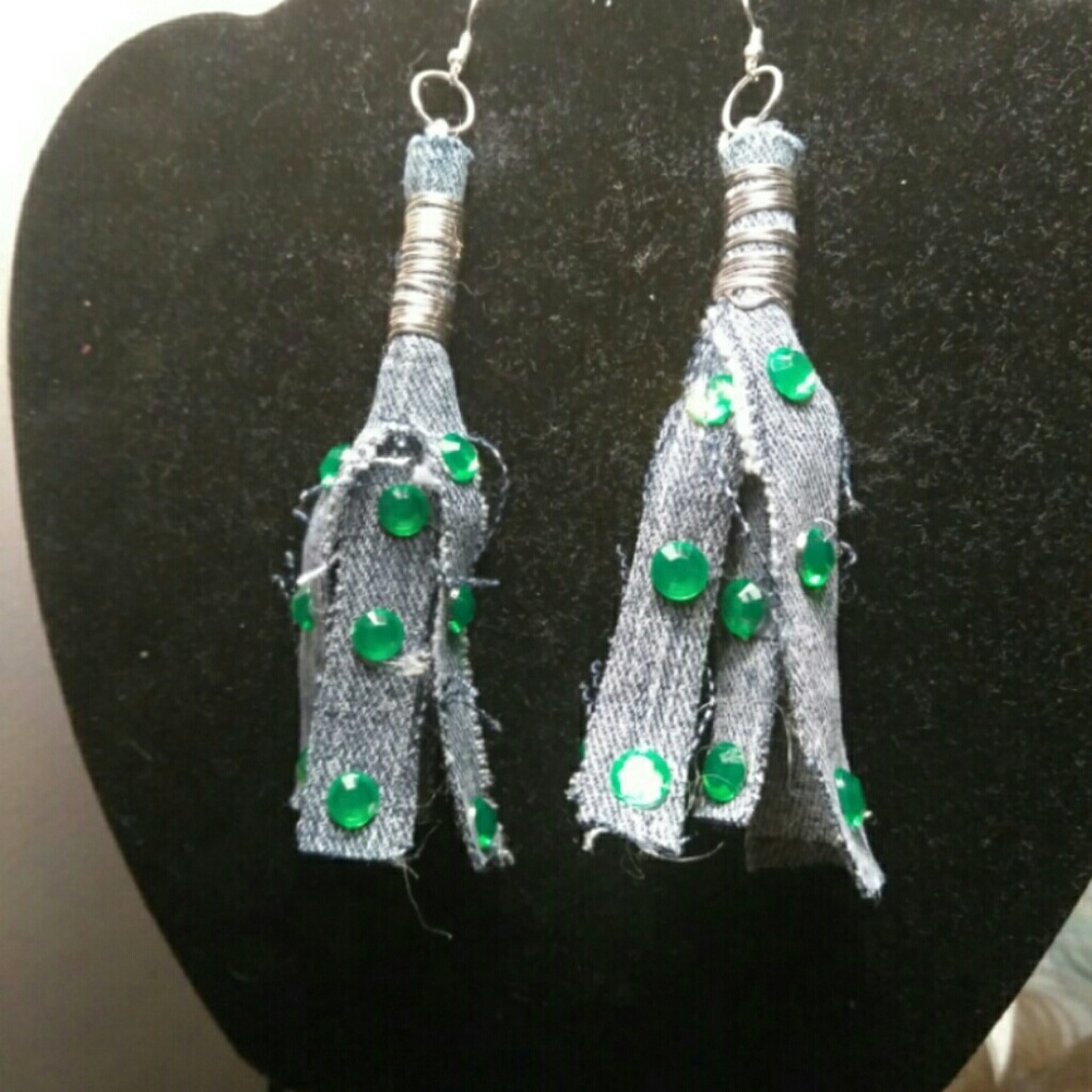 Denim and rhinestone earrings